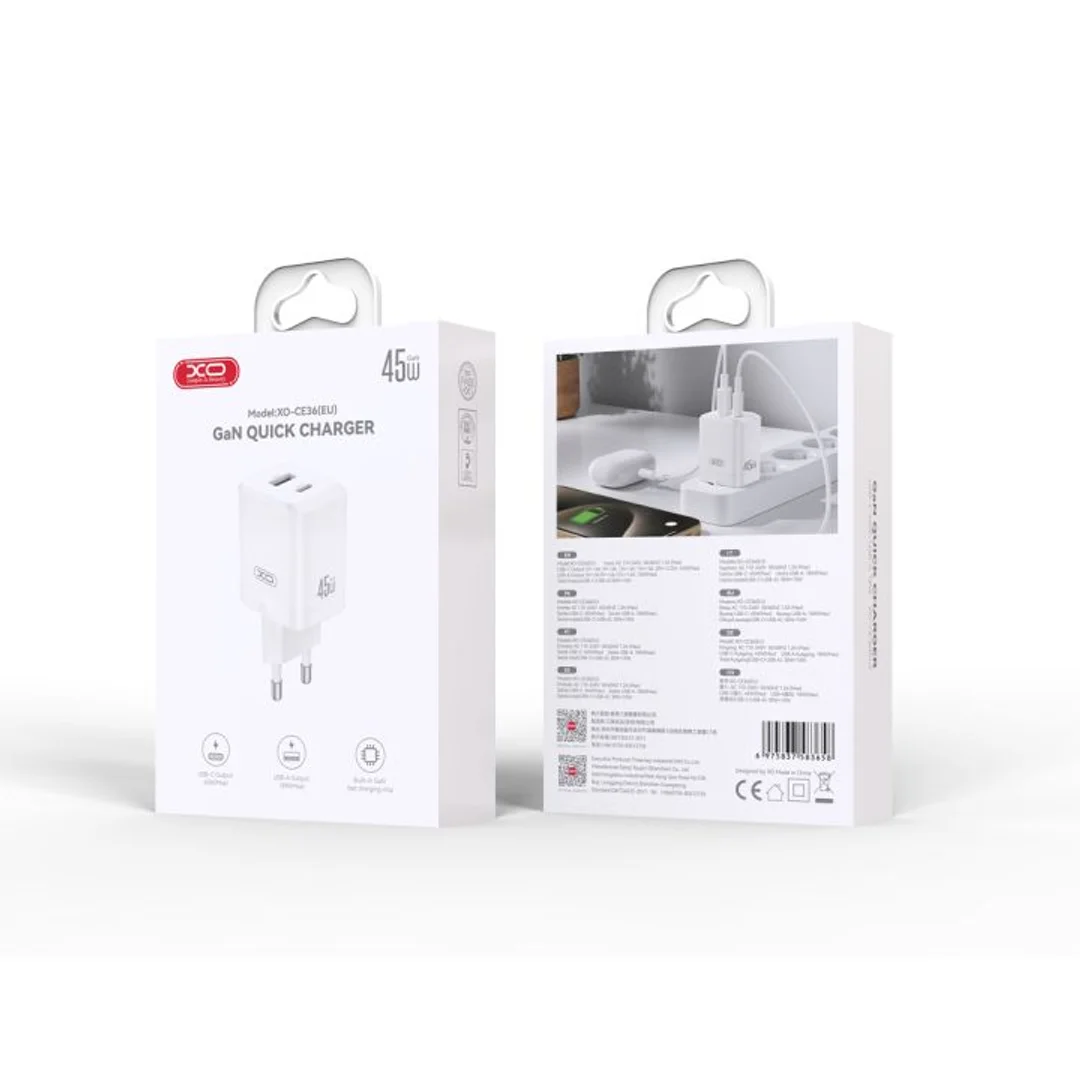 Ładowarka sieciowa XO CE36 PD 45W 1x USB-C 1x USB biała - 4