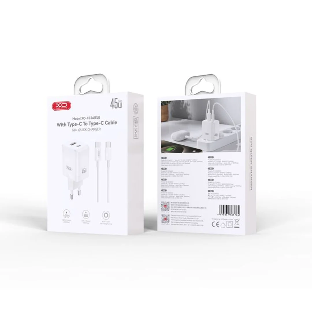 Ładowarka sieciowa XO CE36 PD 45W 1x USB-C 1x USB + kabel USB-C - USB-C biała - 4