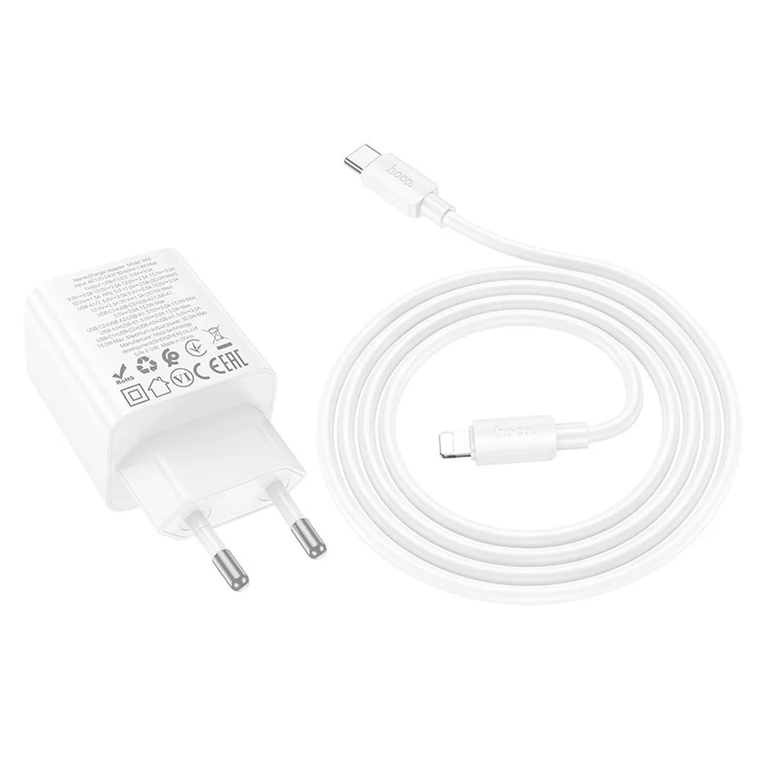 Ładowarka Hoco 2 x USB C + 2 x USB A QC3.0 PD 3A 30W + kabel USB C do Lightning N56 biała - 2