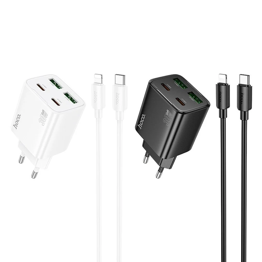 Ładowarka Hoco 2 x USB C + 2 x USB A QC3.0 PD 3A 30W + kabel USB C do Lightning N56 biała - 3