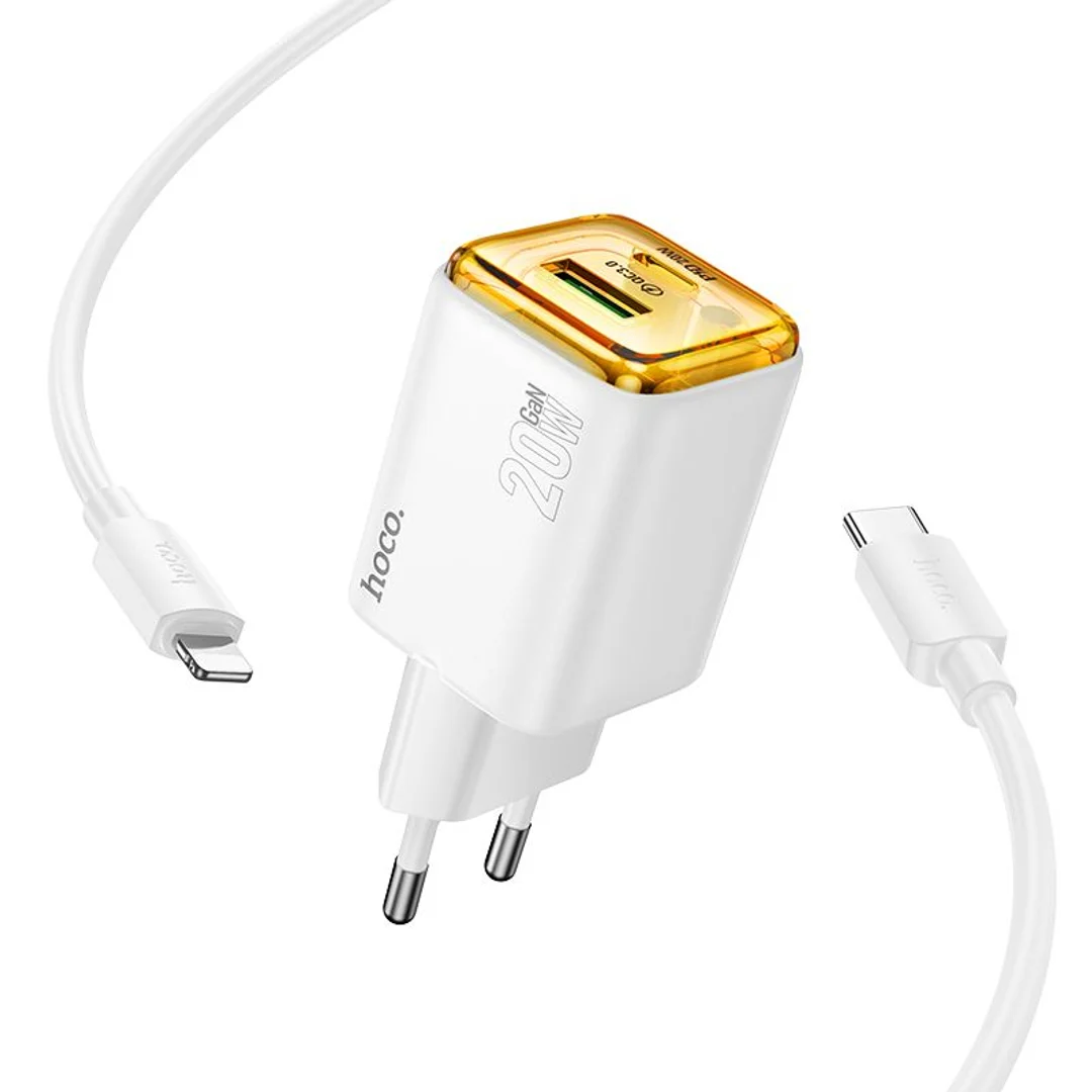 Ładowarka Hoco USB A + USB C QC3.0 PD 3A 20W + kabel USB C do USB C N52 biała - 2