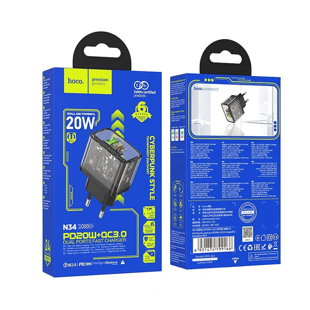Ładowarka Hoco USB A + USB C QC3.0 PD 3A 20W N34 transparentna - 9
