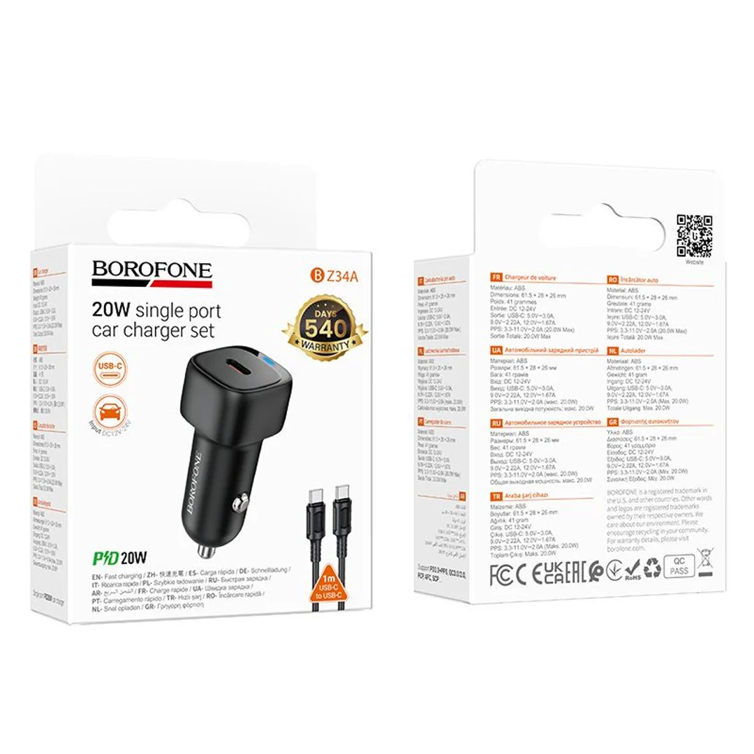 Ładowarka samochodowa Borofone BZ34A Cloud - Typ C - PD 20W z kablem Typ C / Typ C czarna - 2