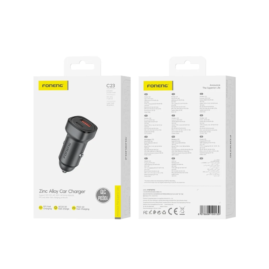 Ładowarka samochodowa FONENG C23 PD 30W 1xUSB-C + 1xUSB QC3.0 Czarny (F) - 1