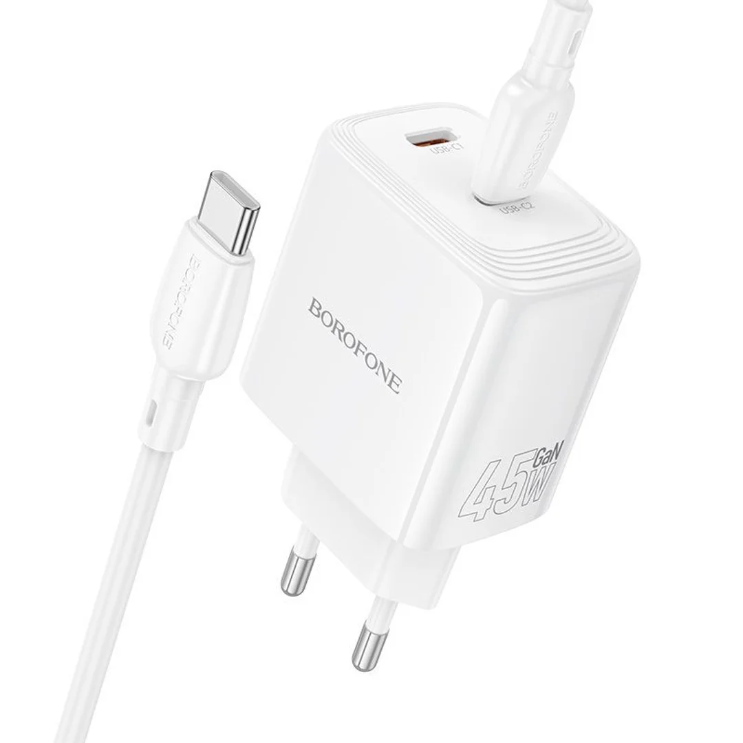 Ładowarka sieciowa Borofone BN31 Cargador GaN - 2xTyp C - QC 3.0 PD 45W z kablem Typ C na Typ C biała - 2