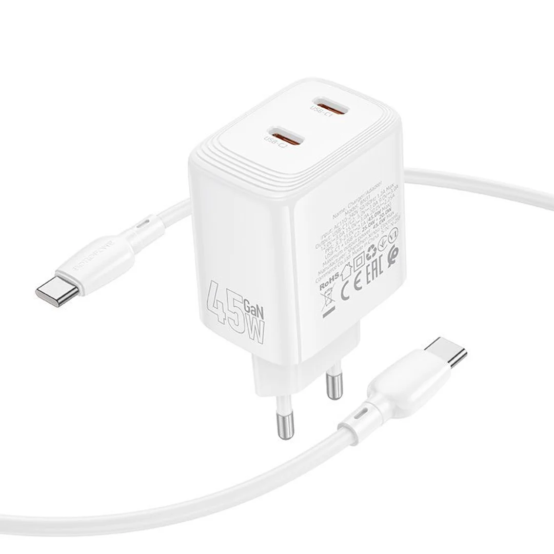 Ładowarka sieciowa Borofone BN31 Cargador GaN - 2xTyp C - QC 3.0 PD 45W z kablem Typ C na Typ C biała - 5