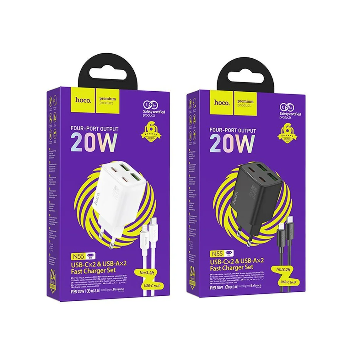 Ładowarka sieciowa Hoco 2 x USB C + 2 x USB A QC3.0 PD 3A 20W + kabel USB C/ Lightning N55 czarna - 6