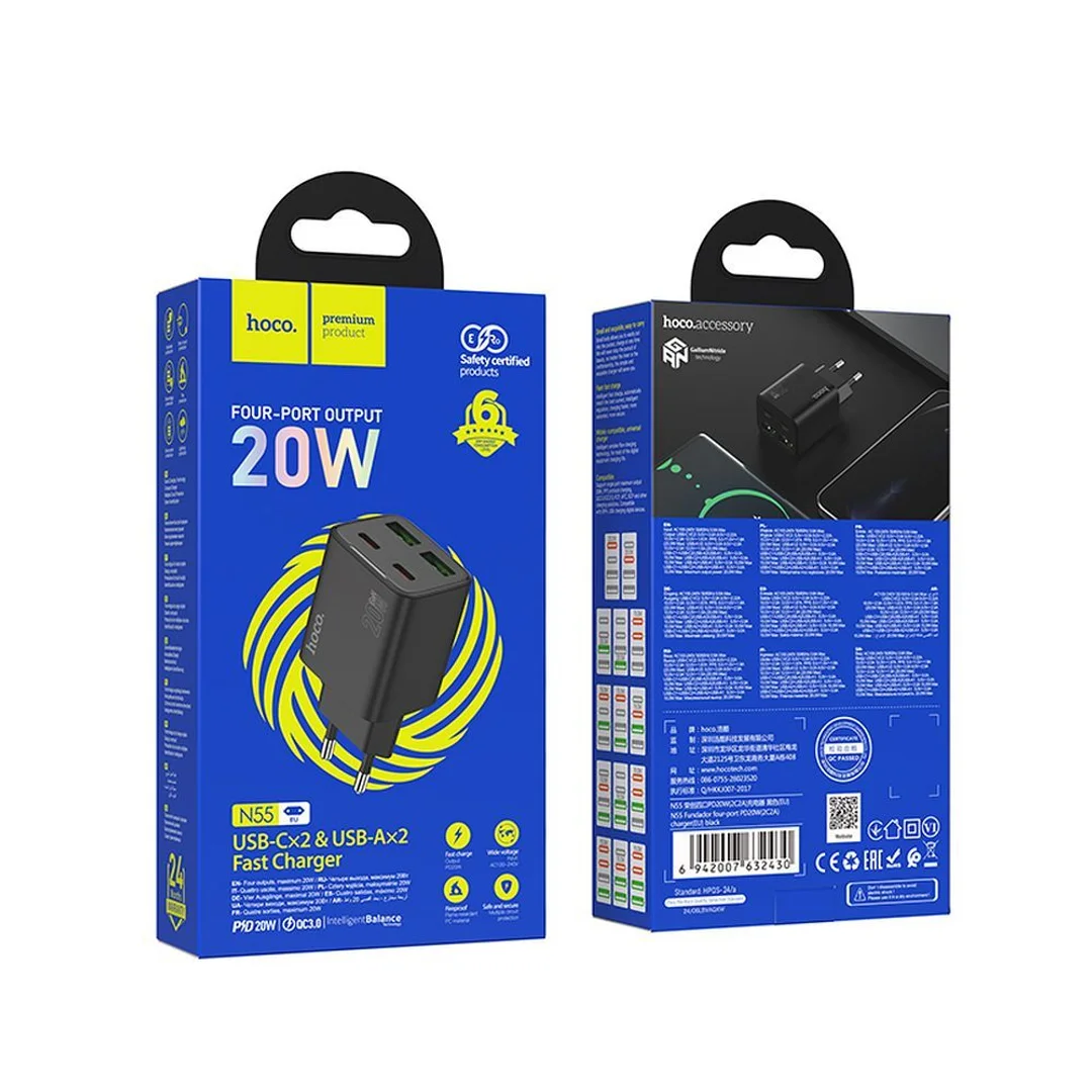 Ładowarka sieciowa Hoco 2 x USB C + 2 x USB A QC3.0 PD 3A 20W N55 czarna - 7
