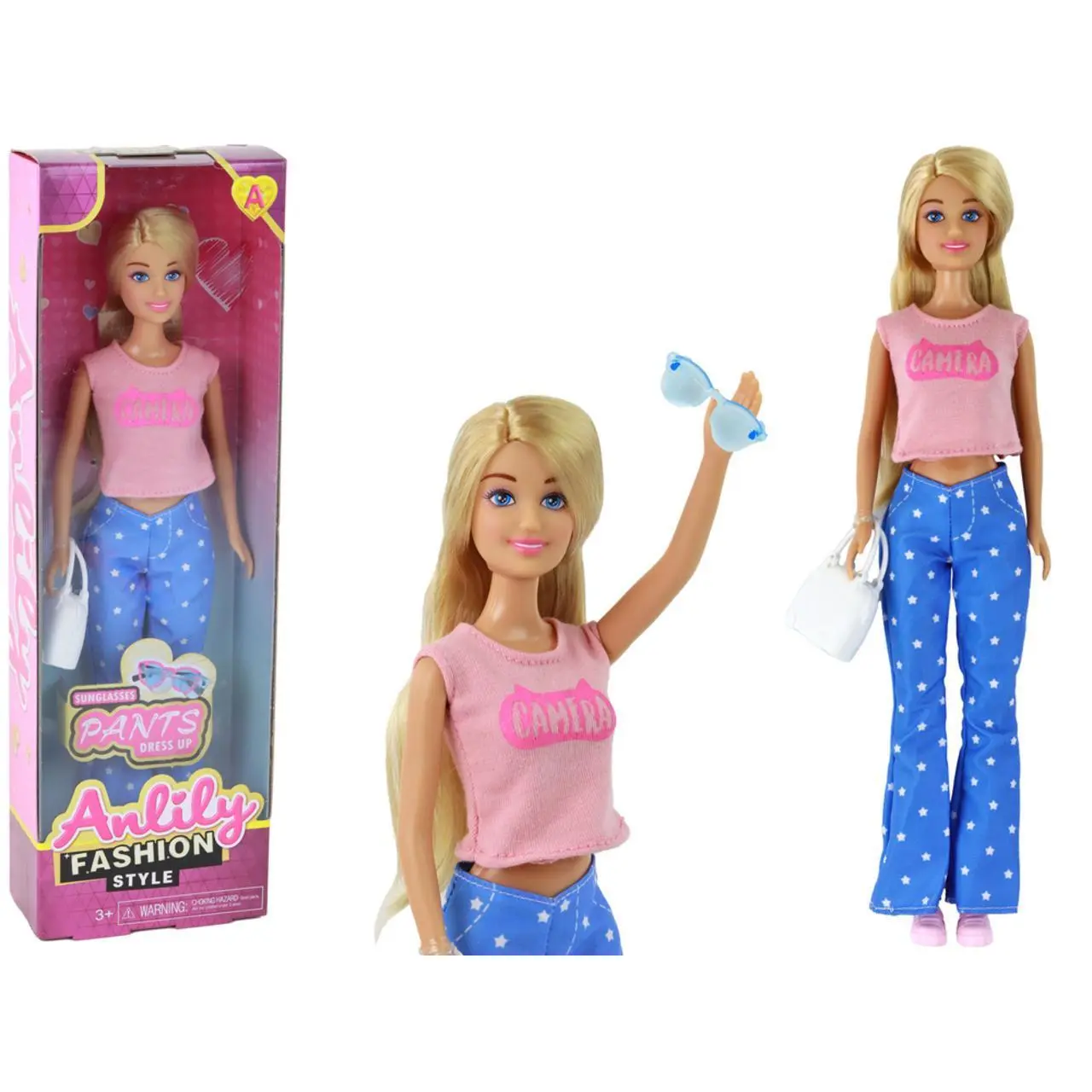 ND24_16911 Lalka Dla Dzieci Anlily Długie Blond Włosy Torebka Okulary Różowa Bluzka 5905884455050