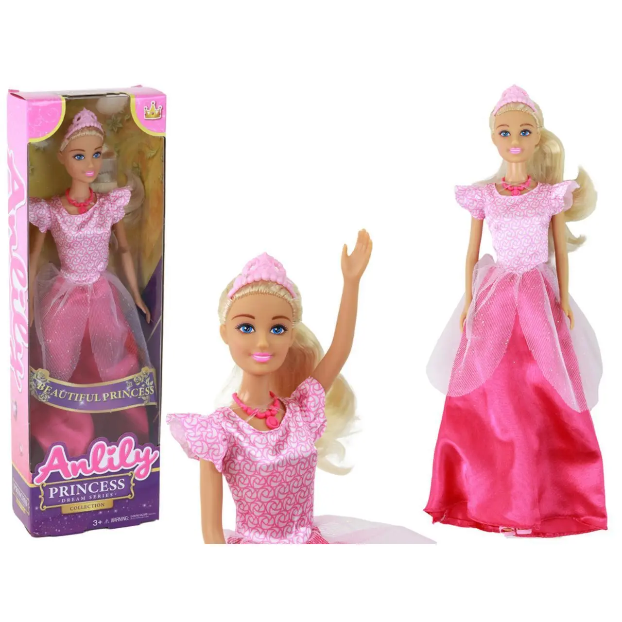 ND24_16916 Lalka Dla Dzieci Anlily Księżniczka Długie Blond Włosy Tiara Różowa Suknia 5905884455098