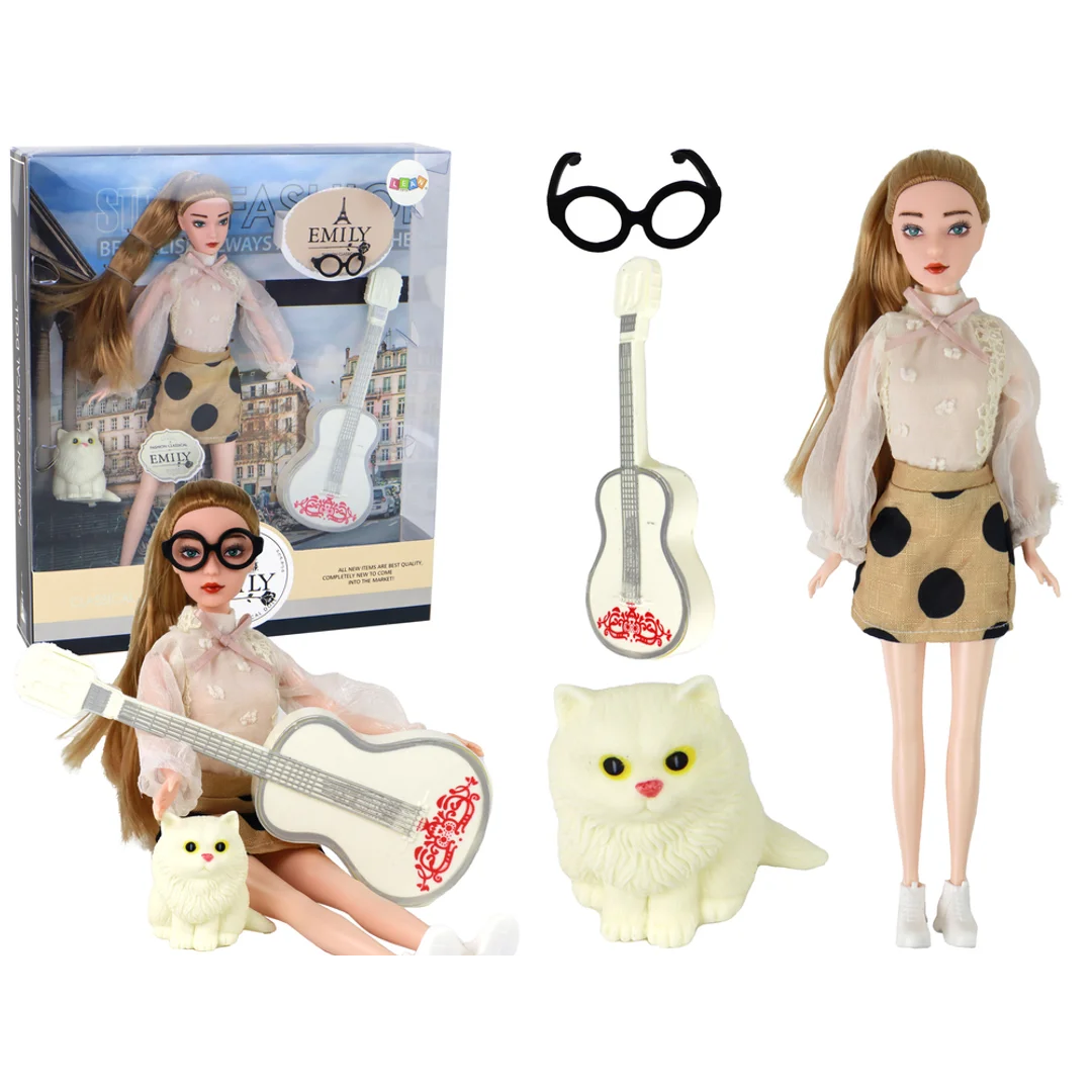 ND24_13907 Lalka Dla Dzieci Emily z Gitarą Okulary Długie Blond Włosy Kotek