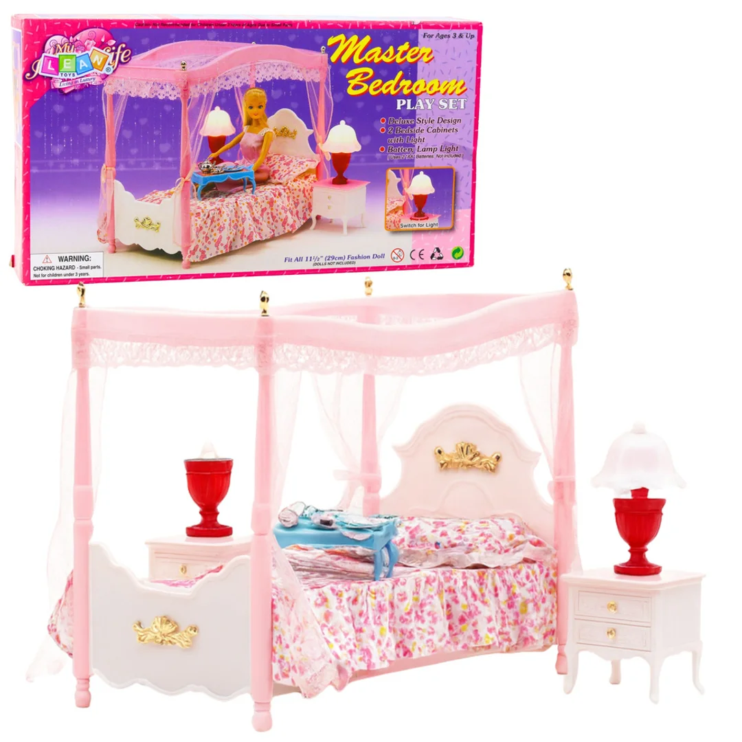 ND24_28107 Zestaw Meble Dla Lalek Łóżko z Baldachimem Szafki Nocne Lampki 5905991085300