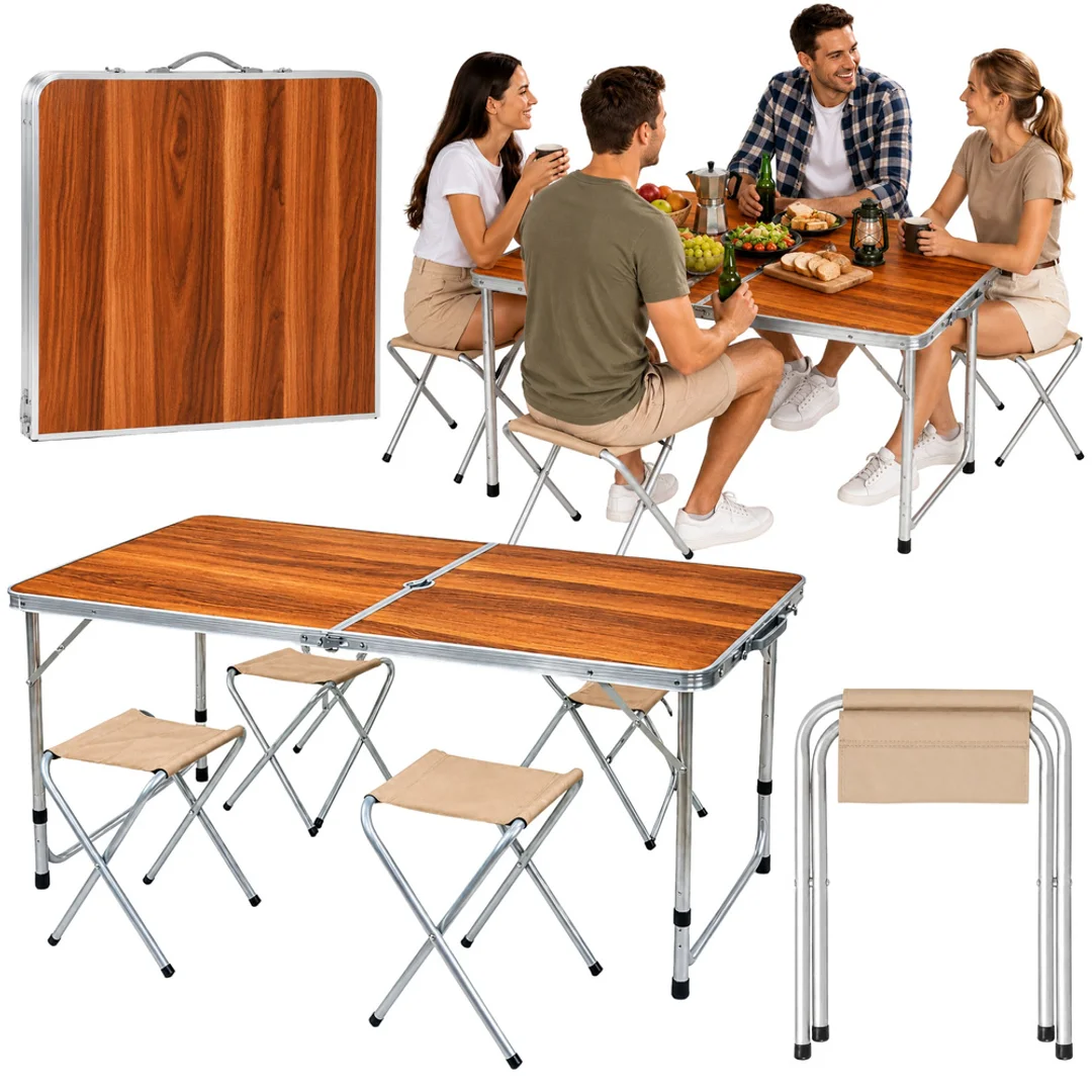 ND24_29319 Zestaw Meble Turystyczne Kempingowe Stół Składany 4 Taborety Walizka Drewno 5905991093251