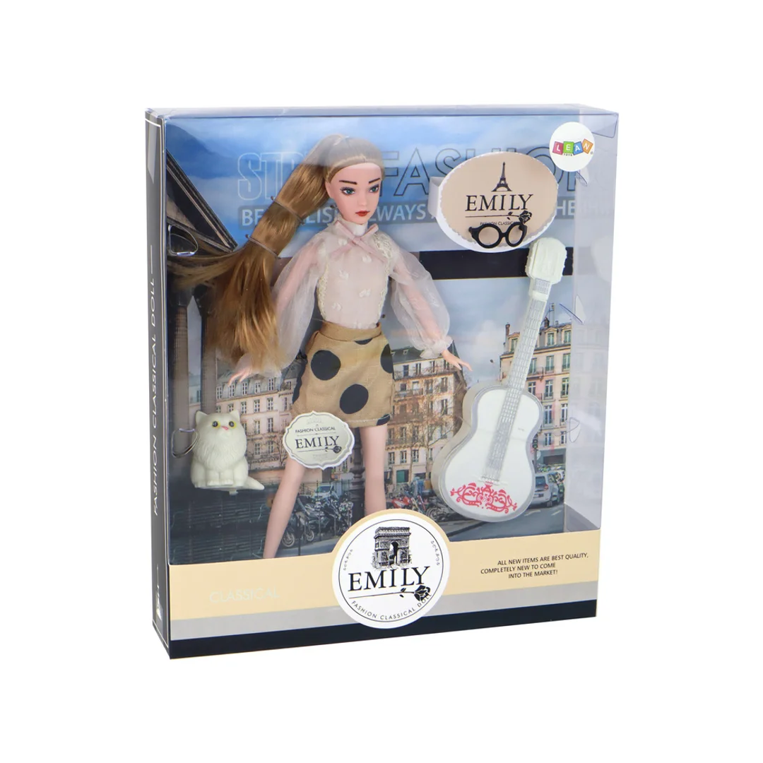 ND24_13907 Lalka Dla Dzieci Emily z Gitarą Okulary Długie Blond Włosy Kotek