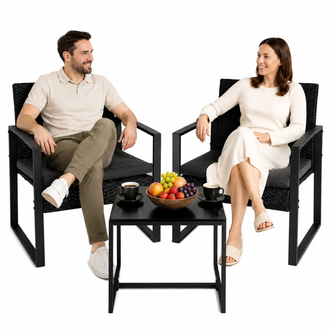 ND24_29244 Zestaw Meble Ogrodowe Rattan Dwa Krzesła Stolik Na Taras Balkon Czarne 5905991092575