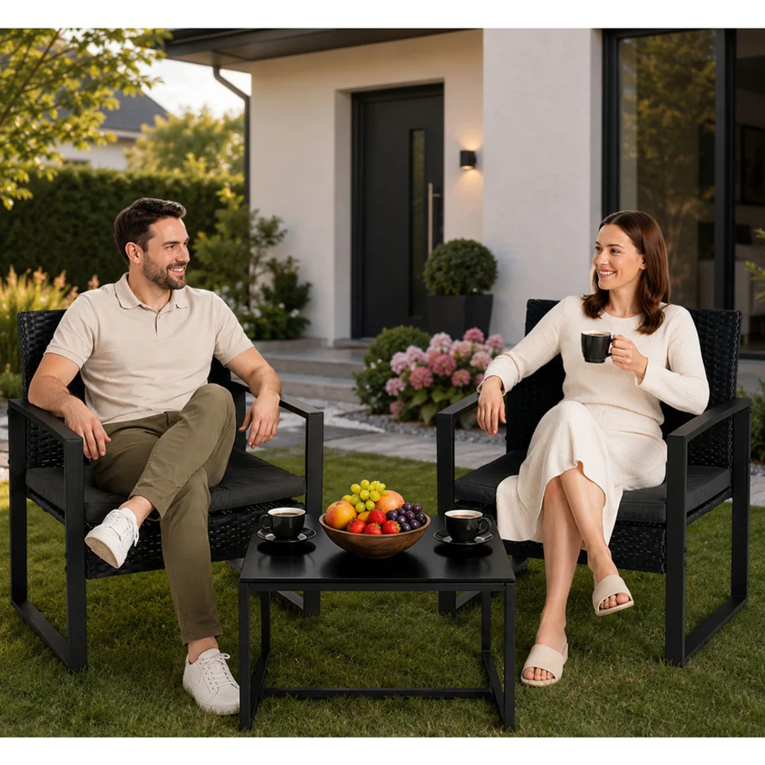 ND24_29244 Zestaw Meble Ogrodowe Rattan Dwa Krzesła Stolik Na Taras Balkon Czarne 5905991092575