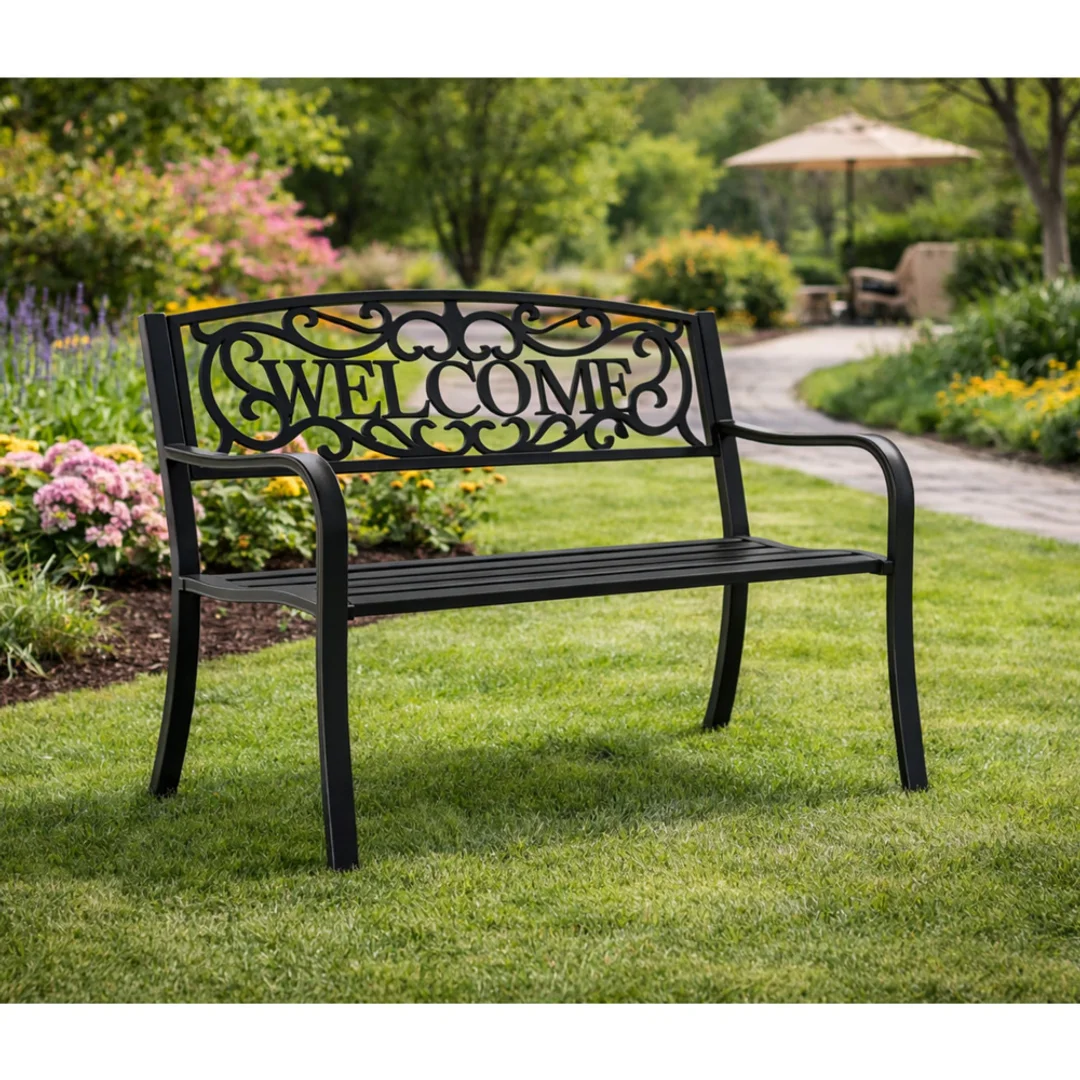 ND24_29322 Ławka Ogrodowa Taras Ogród Park Metalowa Oparcie WELCOME Czarna 127 cm 5905991093299