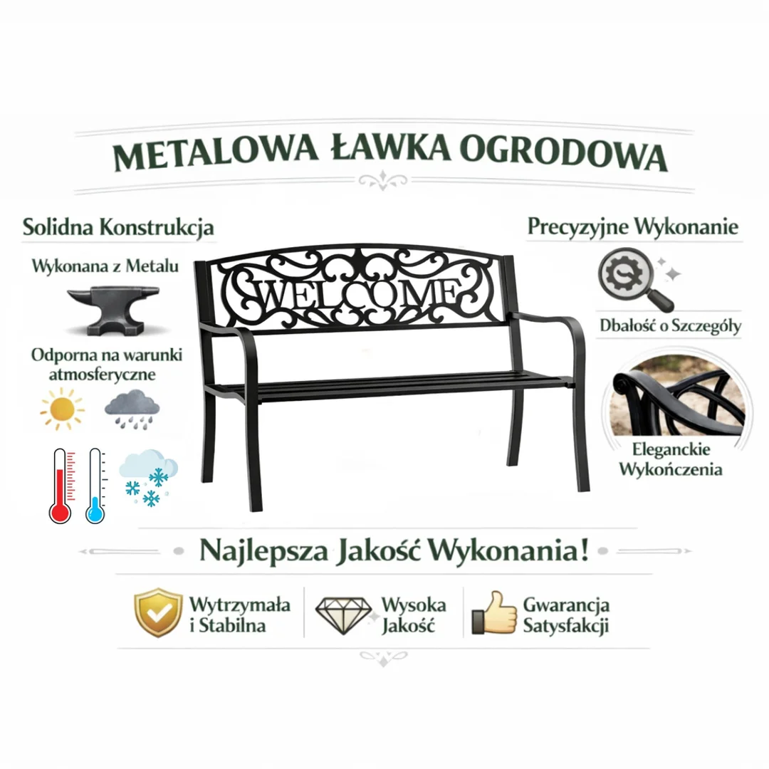 ND24_29322 Ławka Ogrodowa Taras Ogród Park Metalowa Oparcie WELCOME Czarna 127 cm 5905991093299