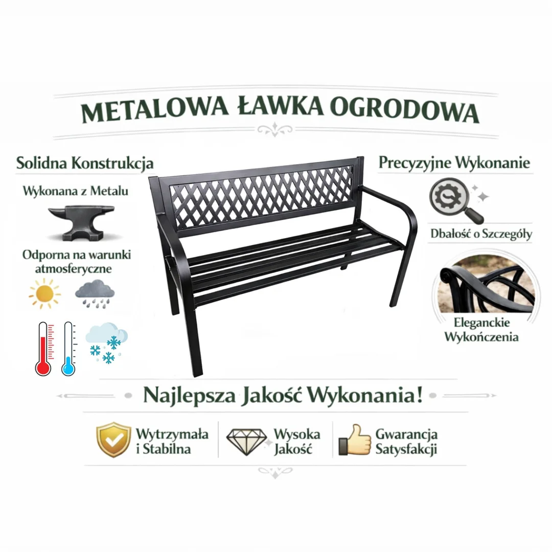 ND24_29325 Ławka Ogrodowa Parkowa Taras Ogród Metalowa Oparcie Czarna 120 cm 5905991093329
