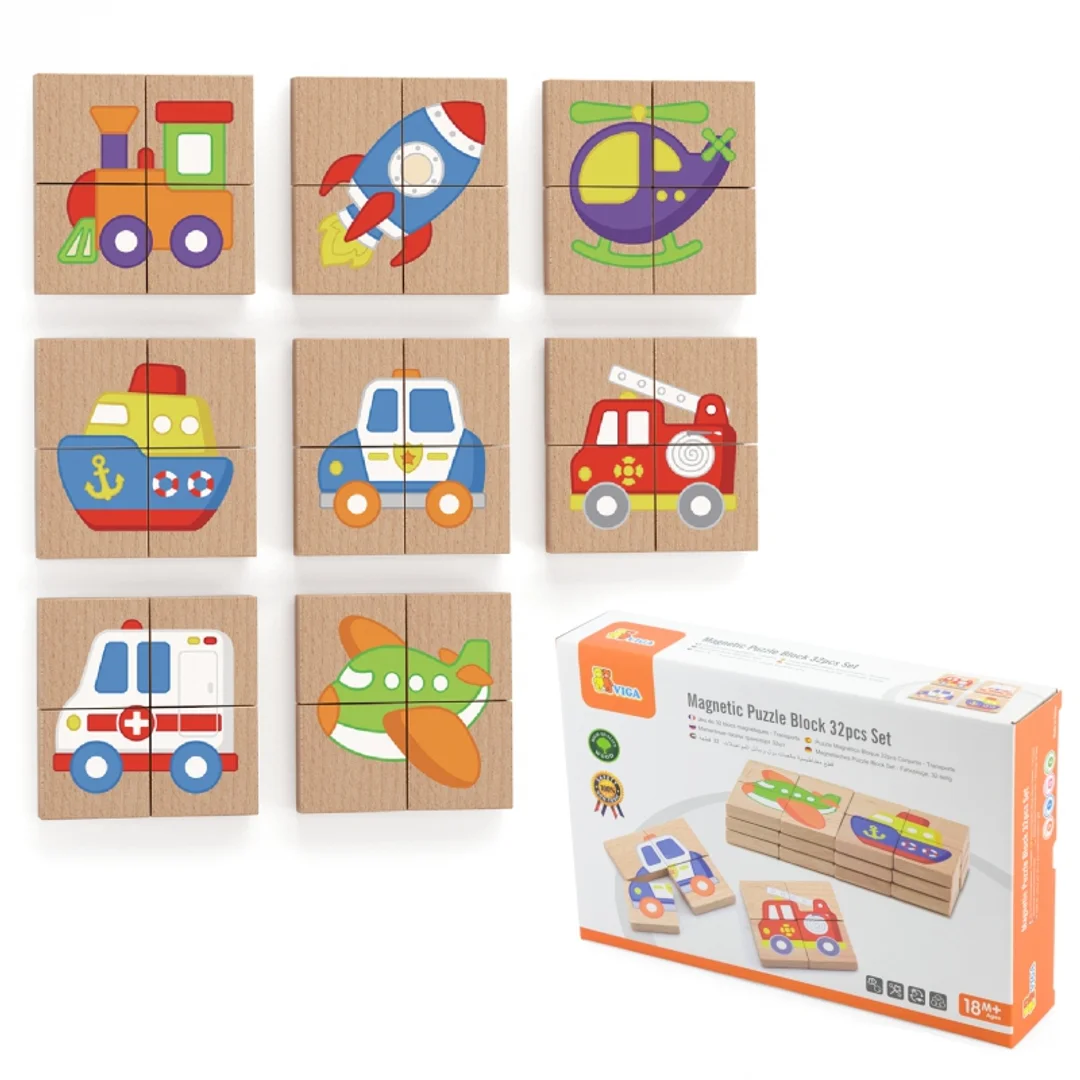Układanka drewniana puzzle magnetyczne pojazdy Viga Toys