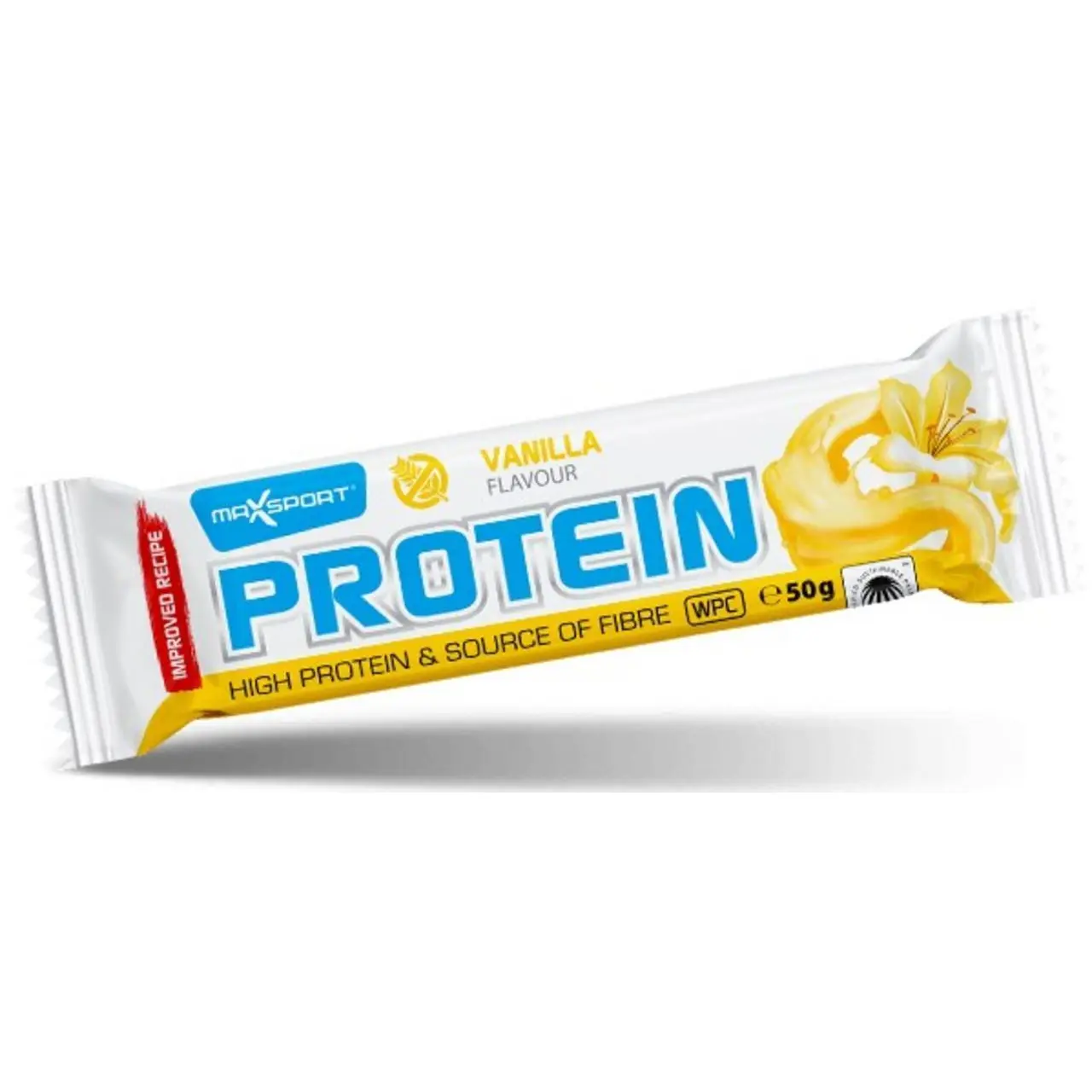 BATON PROTEINOWY O SMAKU WANILIOWYM W POLEWIE BIAŁEJ BEZGLUTENOWY 50 g - MAXSPORT