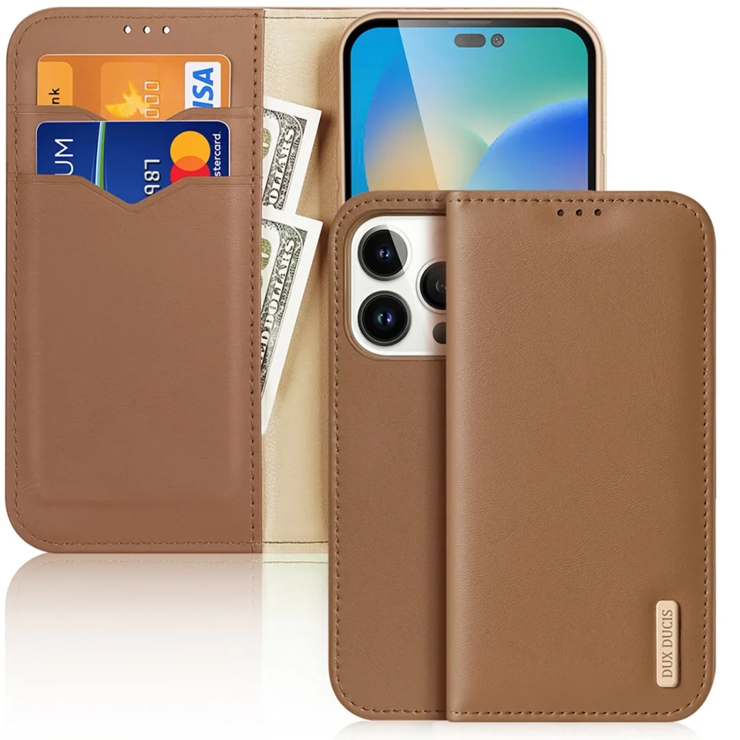 Dux Ducis Hivo skórzane etui z klapką pokrowiec ze skóry naturalnej portfel na karty i dokumenty iPhone 14 Pro brązowy - 28