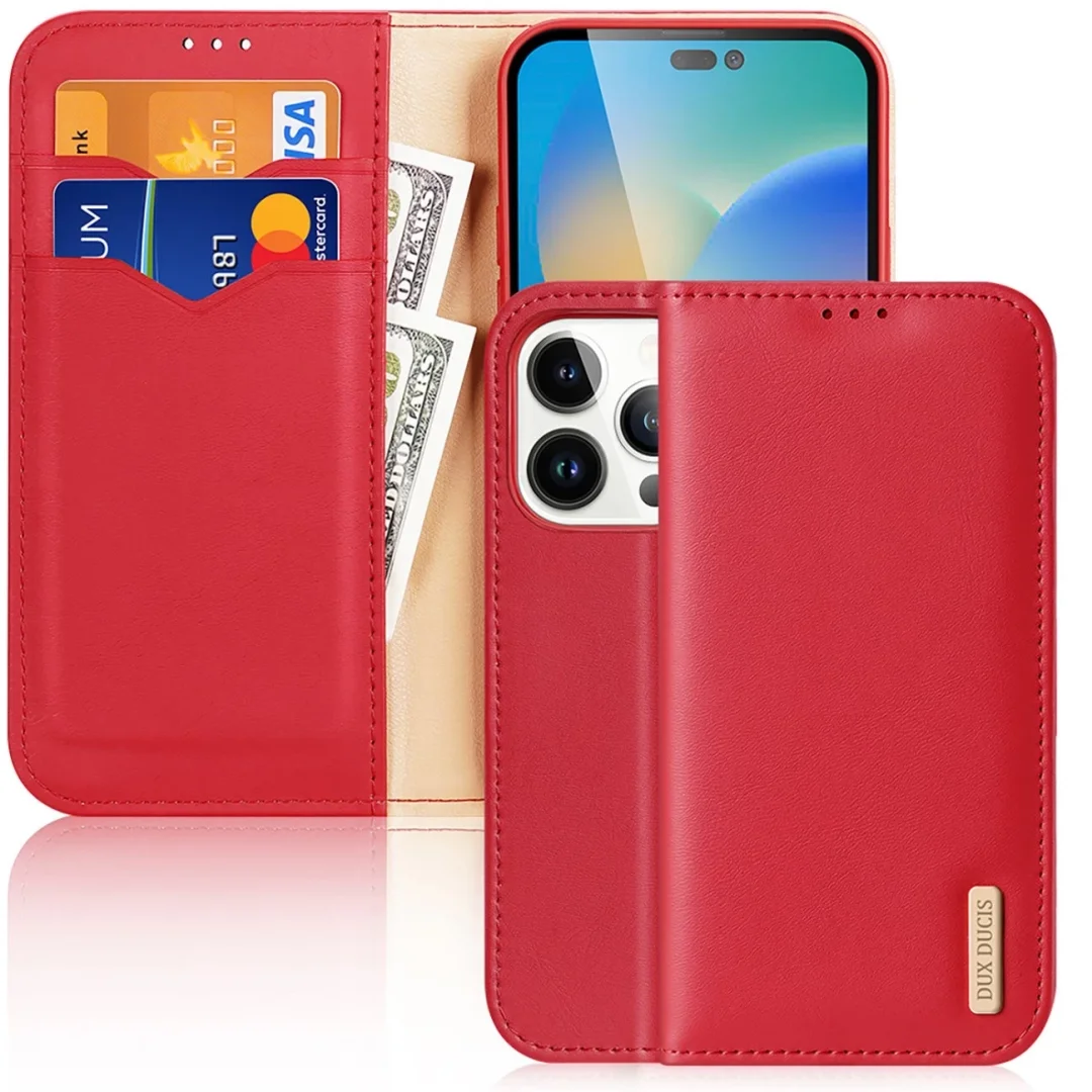Dux Ducis Hivo skórzane etui z klapką pokrowiec ze skóry naturalnej portfel na karty i dokumenty iPhone 14 Pro czerwony - 28