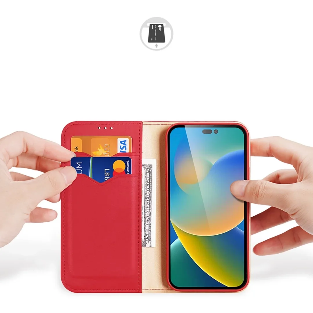 Dux Ducis Hivo skórzane etui z klapką pokrowiec ze skóry naturalnej portfel na karty i dokumenty iPhone 14 Pro czerwony - 29
