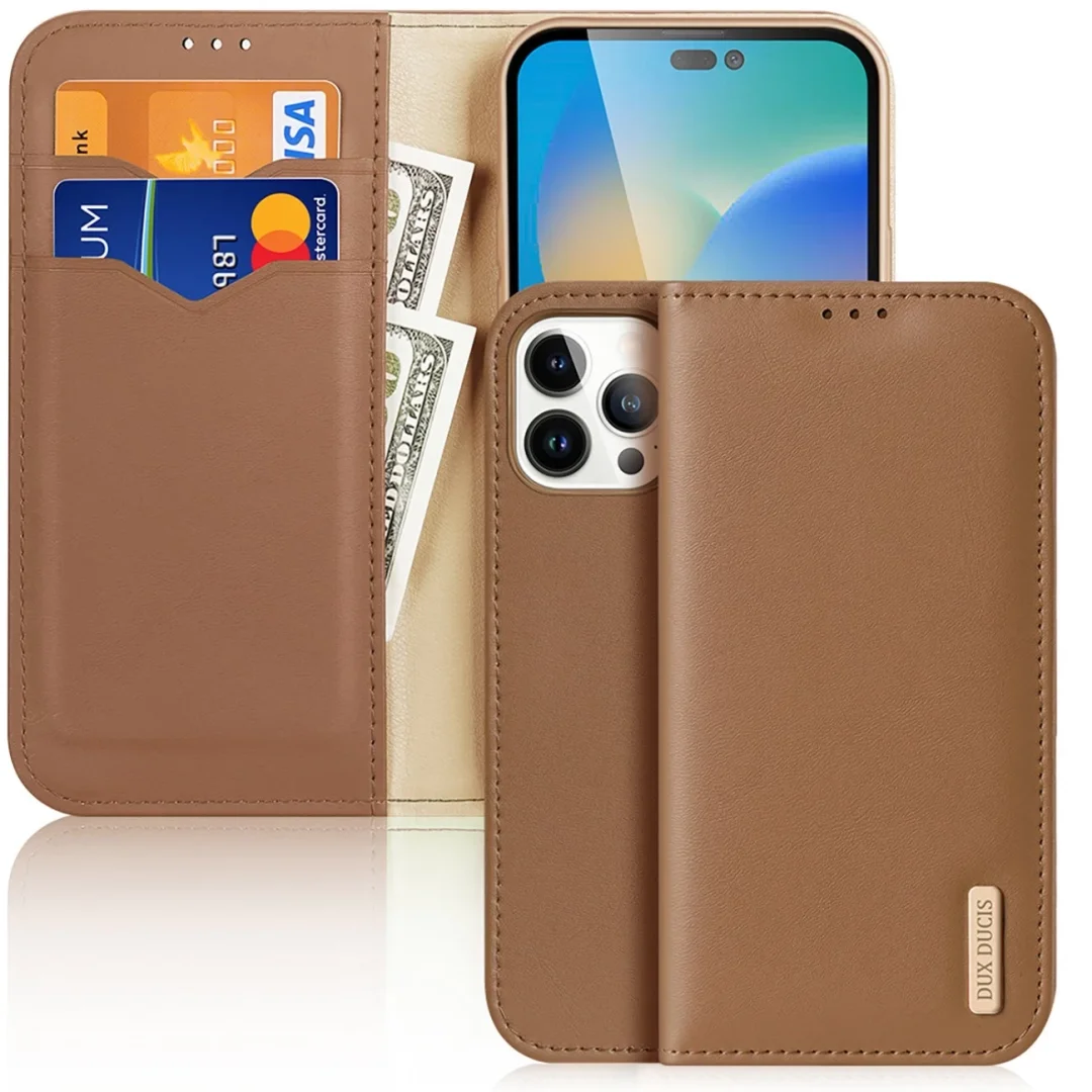 Dux Ducis Hivo skórzane etui z klapką pokrowiec ze skóry naturalnej portfel na karty i dokumenty iPhone 14 Pro Max brązowy - 28