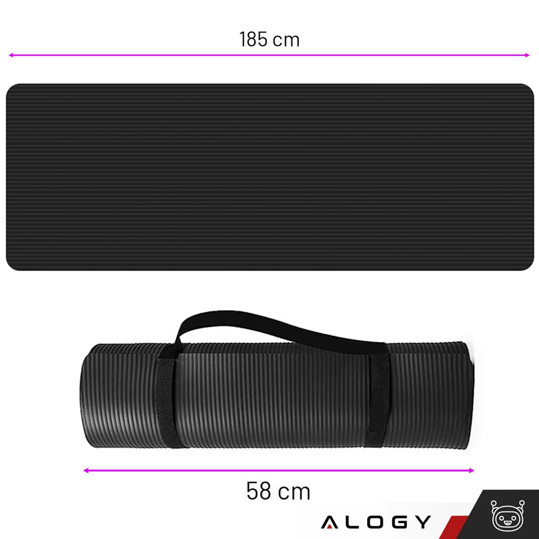 Mata do ćwiczeń Jogi Fitness Pilatesu gimnastyczna 185x58 1cm Alogy antypoślizgowa wodoodporna Czarna - 18