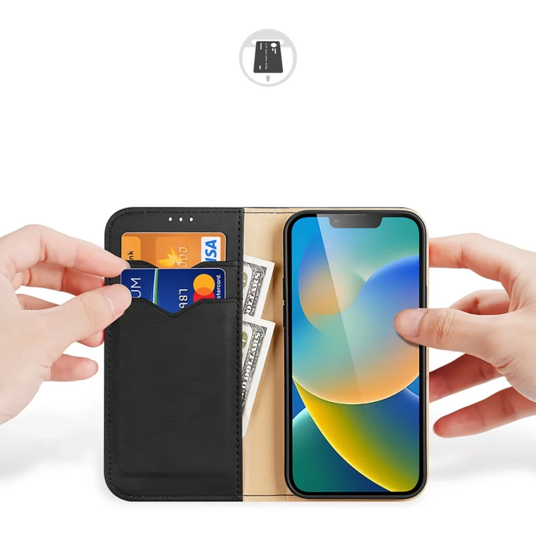 Dux Ducis Hivo skórzane etui z klapką pokrowiec ze skóry naturalnej portfel na karty i dokumenty iPhone 14 Plus czarny - 2