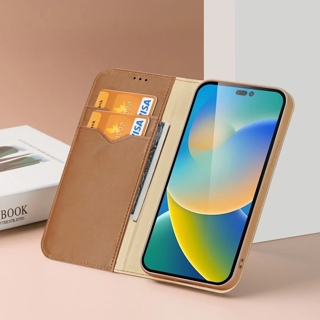 Dux Ducis Hivo skórzane etui z klapką pokrowiec ze skóry naturalnej portfel na karty i dokumenty iPhone 14 Pro Max brązowy - 11