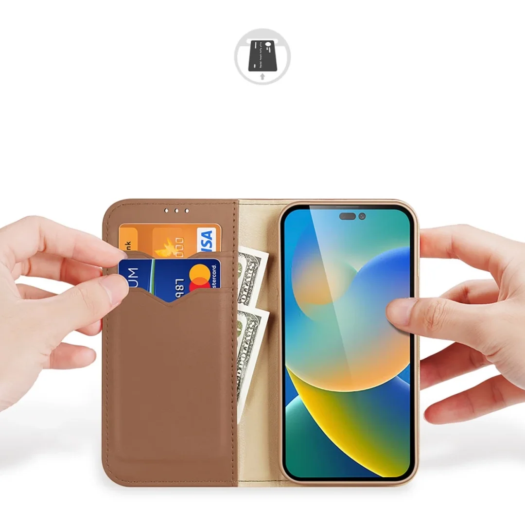 Dux Ducis Hivo skórzane etui z klapką pokrowiec ze skóry naturalnej portfel na karty i dokumenty iPhone 14 Pro Max brązowy - 3