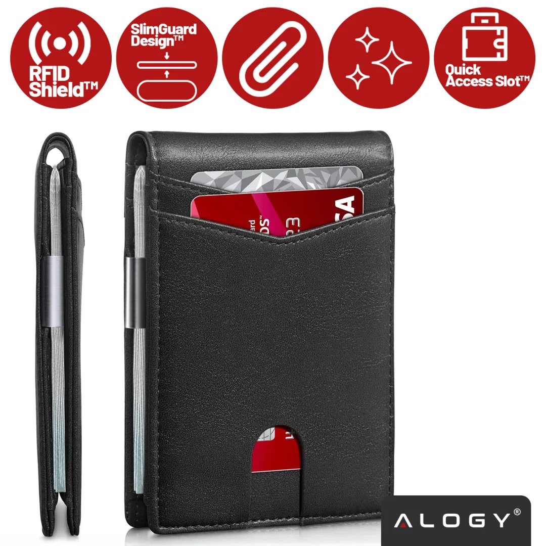 Portfel RFID Etui ochronne blokujące sygnał na karty dokumenty cienki Alogy Small męski damski Wallet Czarny - 2