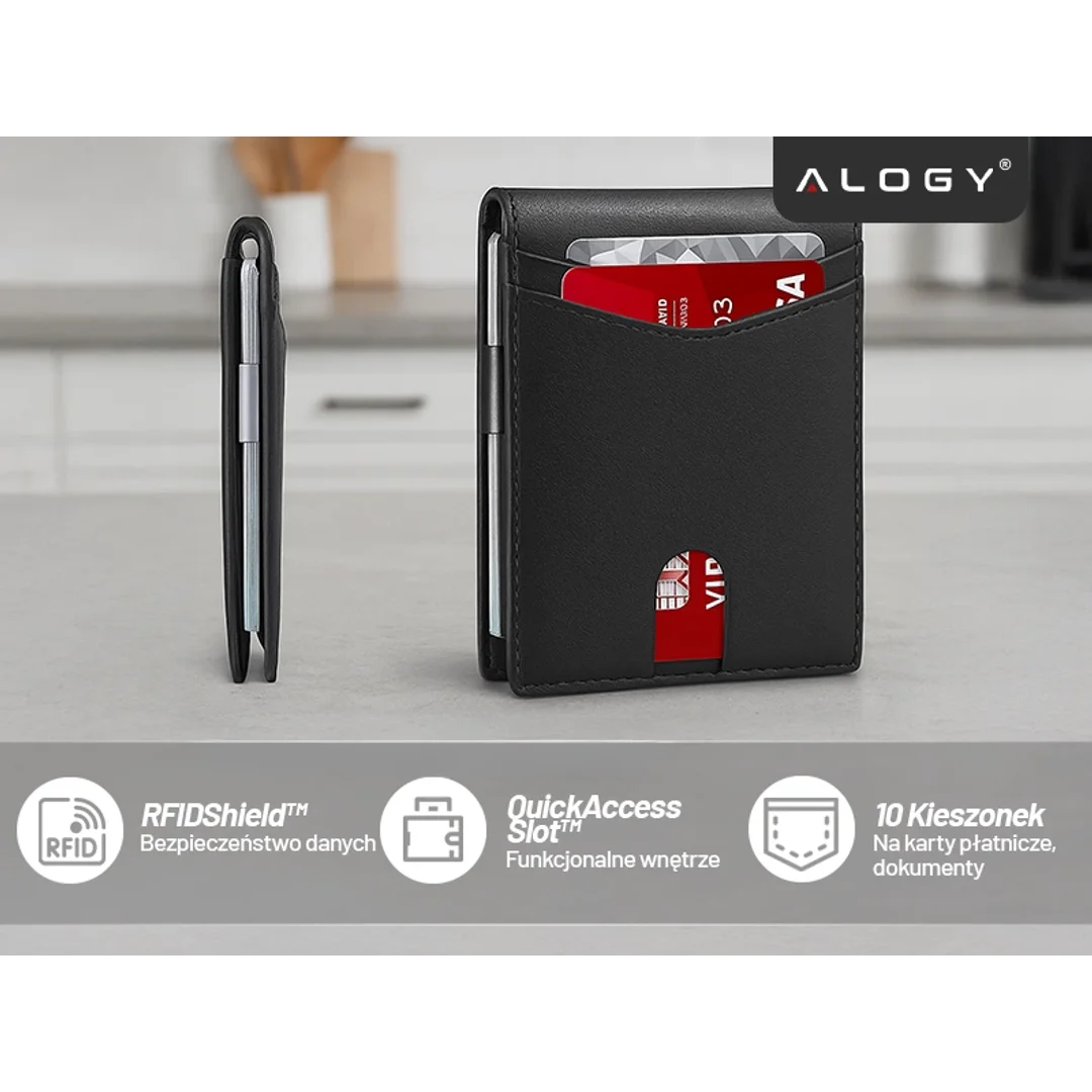 Portfel RFID Etui ochronne blokujące sygnał na karty dokumenty cienki Alogy Small męski damski Wallet Czarny - 20