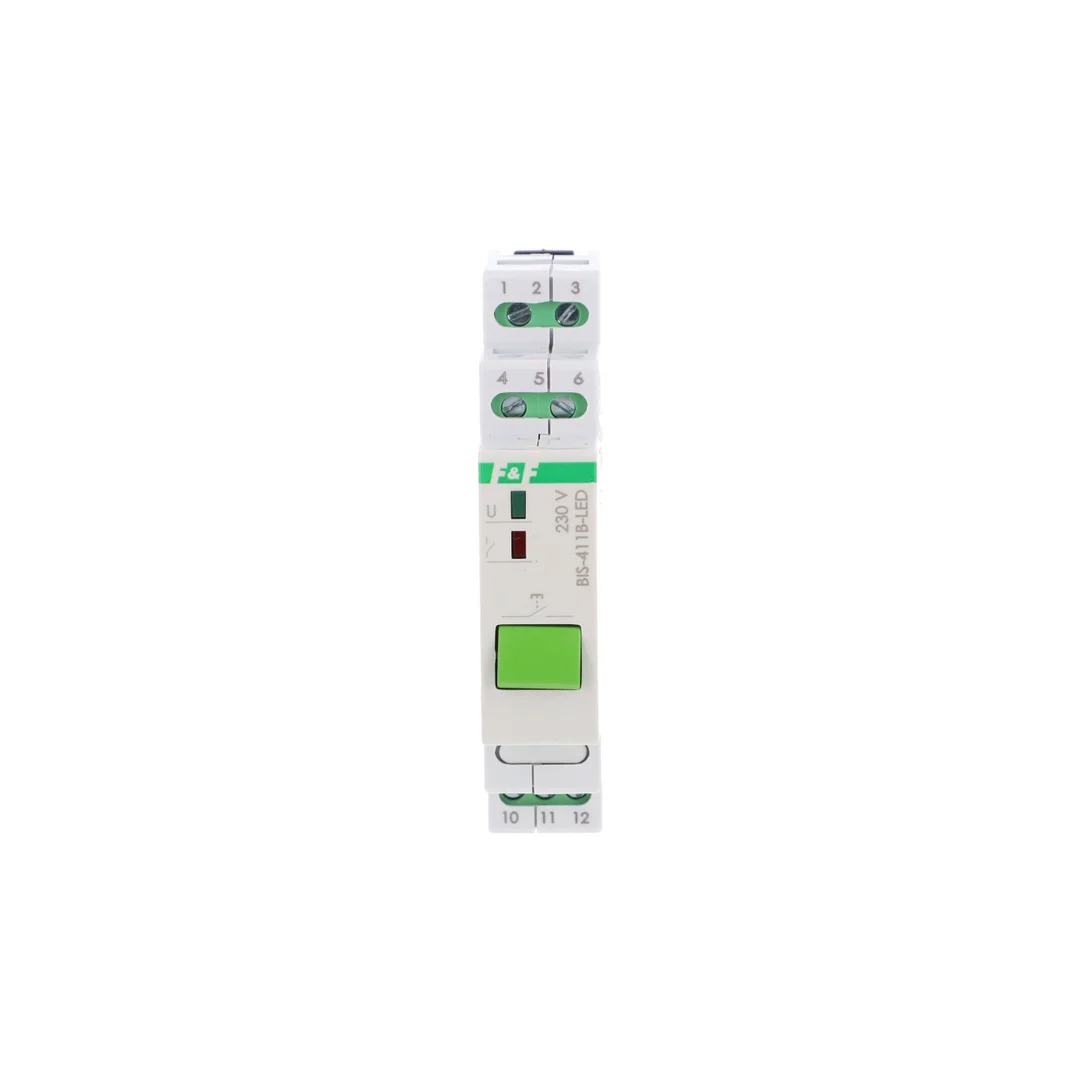Przekaźnik bistabilny z przyciskiem do sterowania ręcznego na szynę DIN z przekaźnikiem inrush 160A/20ms BIS-411B-LED