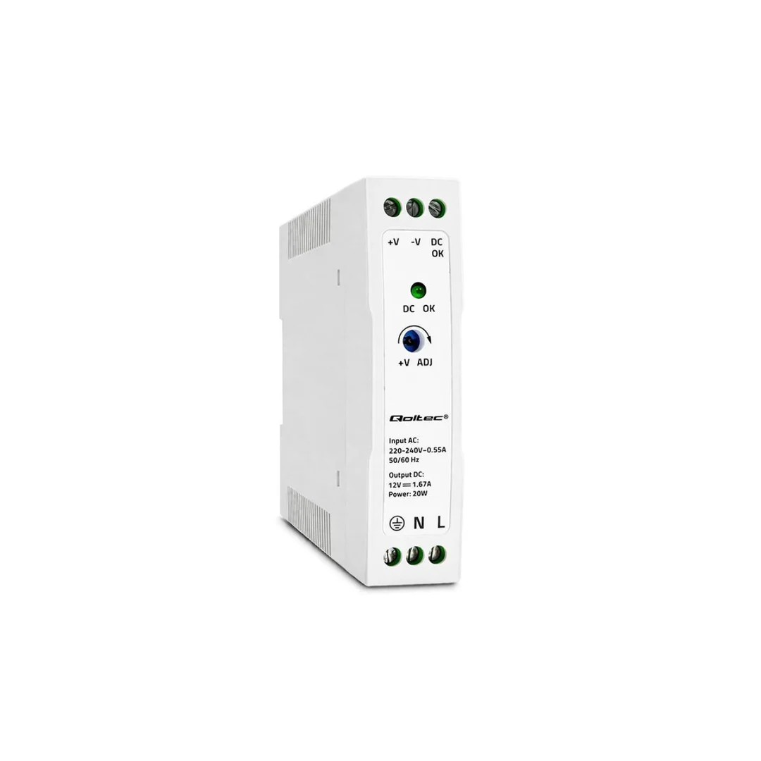 Qoltec Zasilacz na szynę DIN 20W 12V 1.67A Biały Slim
