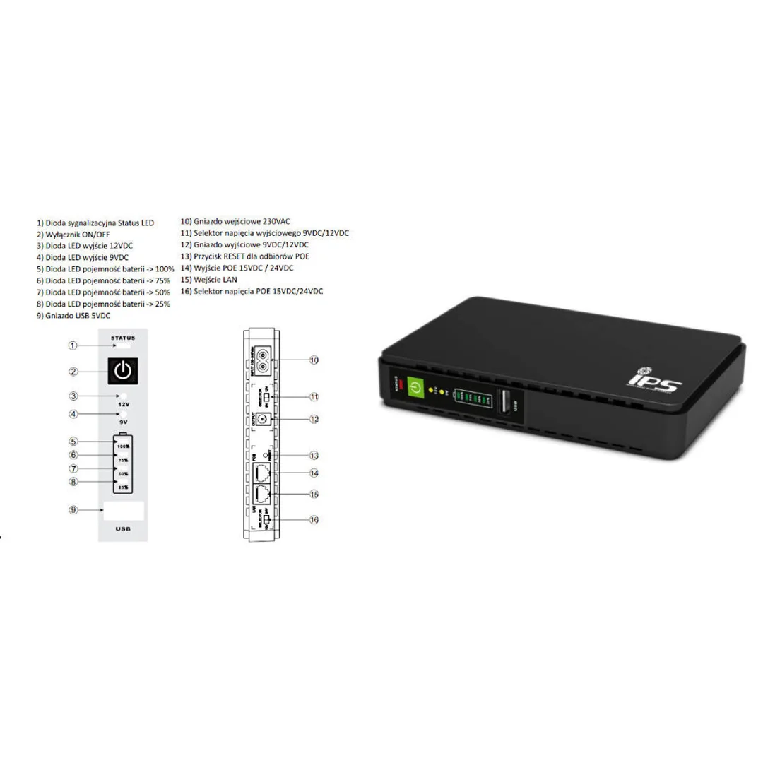 RouterUPS-30-PoE DC UPS moc 30W wyjścia 9V/2A lub 12V/2A oraz PoE 15V/1A lub 24V/2A 8800mAh