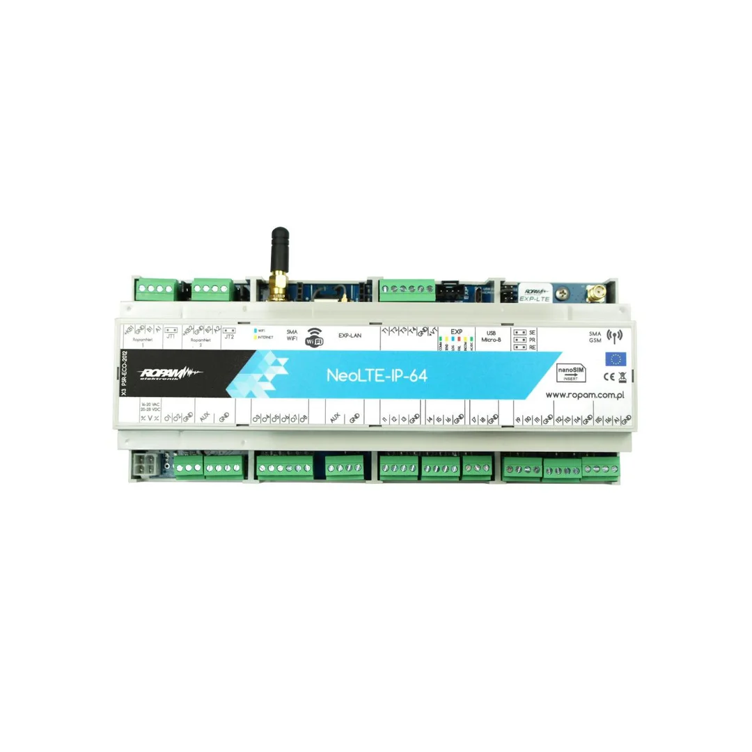 Centrala alarmowa NeoLTE-IP-64-D12M, LTE + WiFi, 4 strefy, 16-64 wejść, 8-40 wyjść, 12VDC