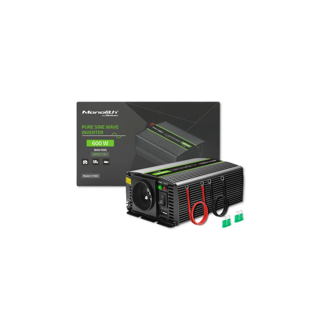 Qoltec Przetwornica napięcia Monolith 300W 600W 12V na 230V Czysty Sinus