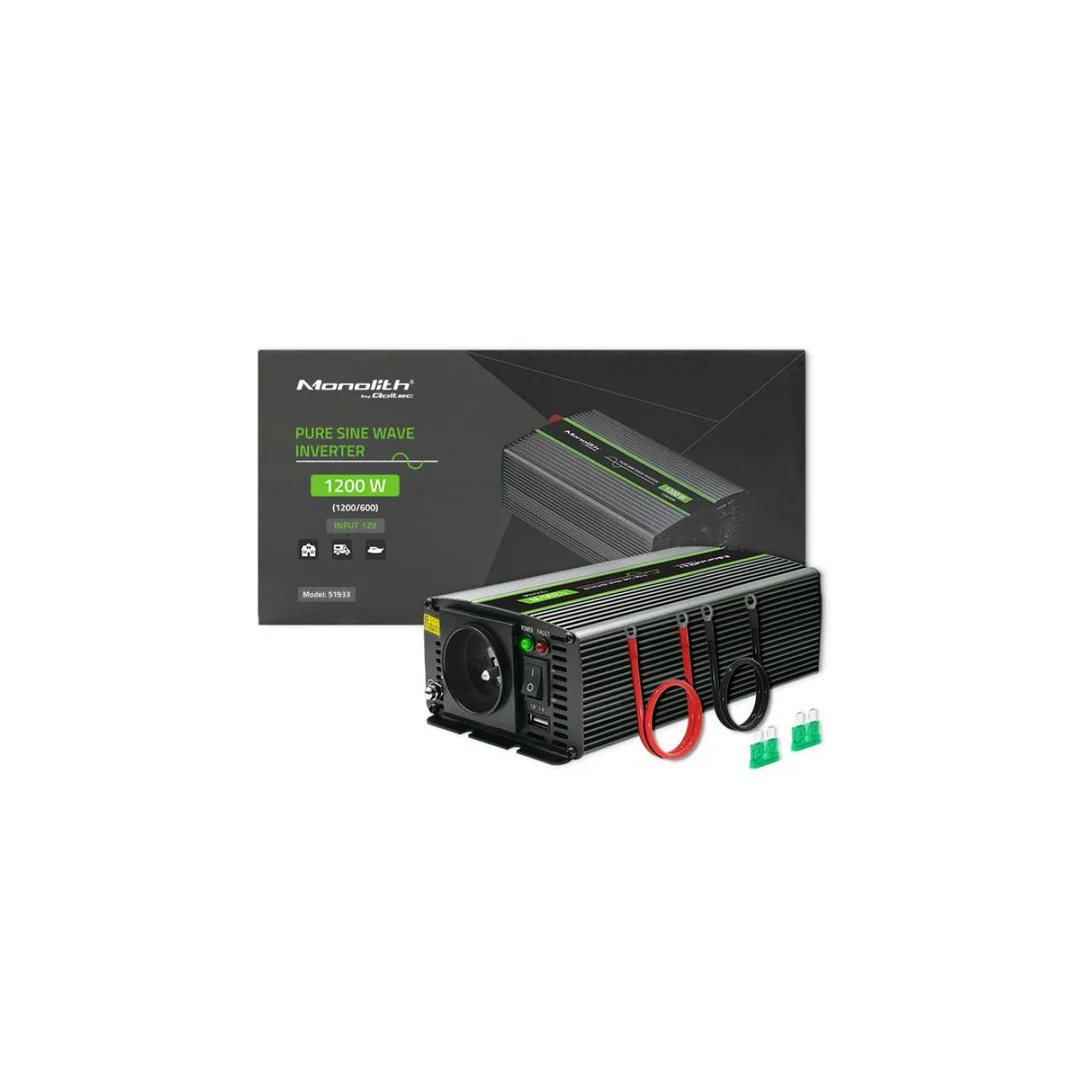 Qoltec Przetwornica napięcia Monolith 600W 1200W 12V na 230V Czysty Sinus