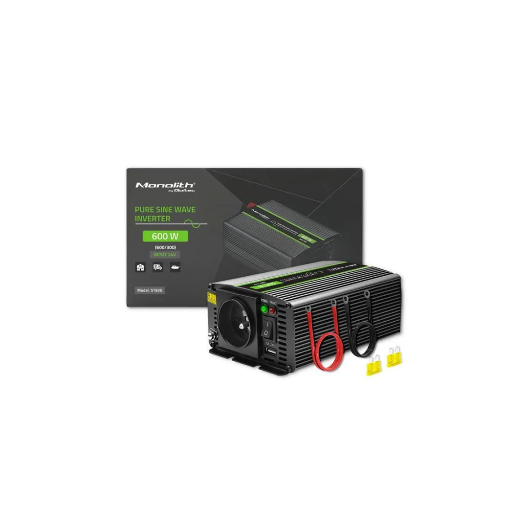Qoltec Przetwornica napięcia Monolith 300W 600W 24V na 230V Czysty Sinus