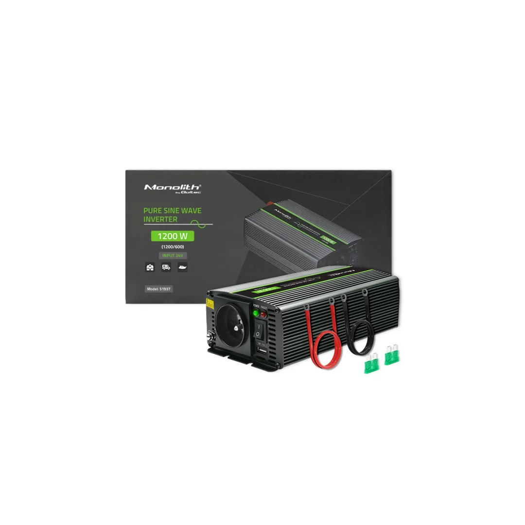 Qoltec Przetwornica napięcia Monolith 600W 1200W 24V na 230V Czysty Sinus
