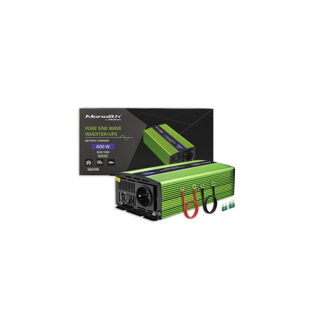 Qoltec Przetwornica napięcia Monolith ładowanie baterii UPS 300W 600W 12V na 230V Czysty Sinus