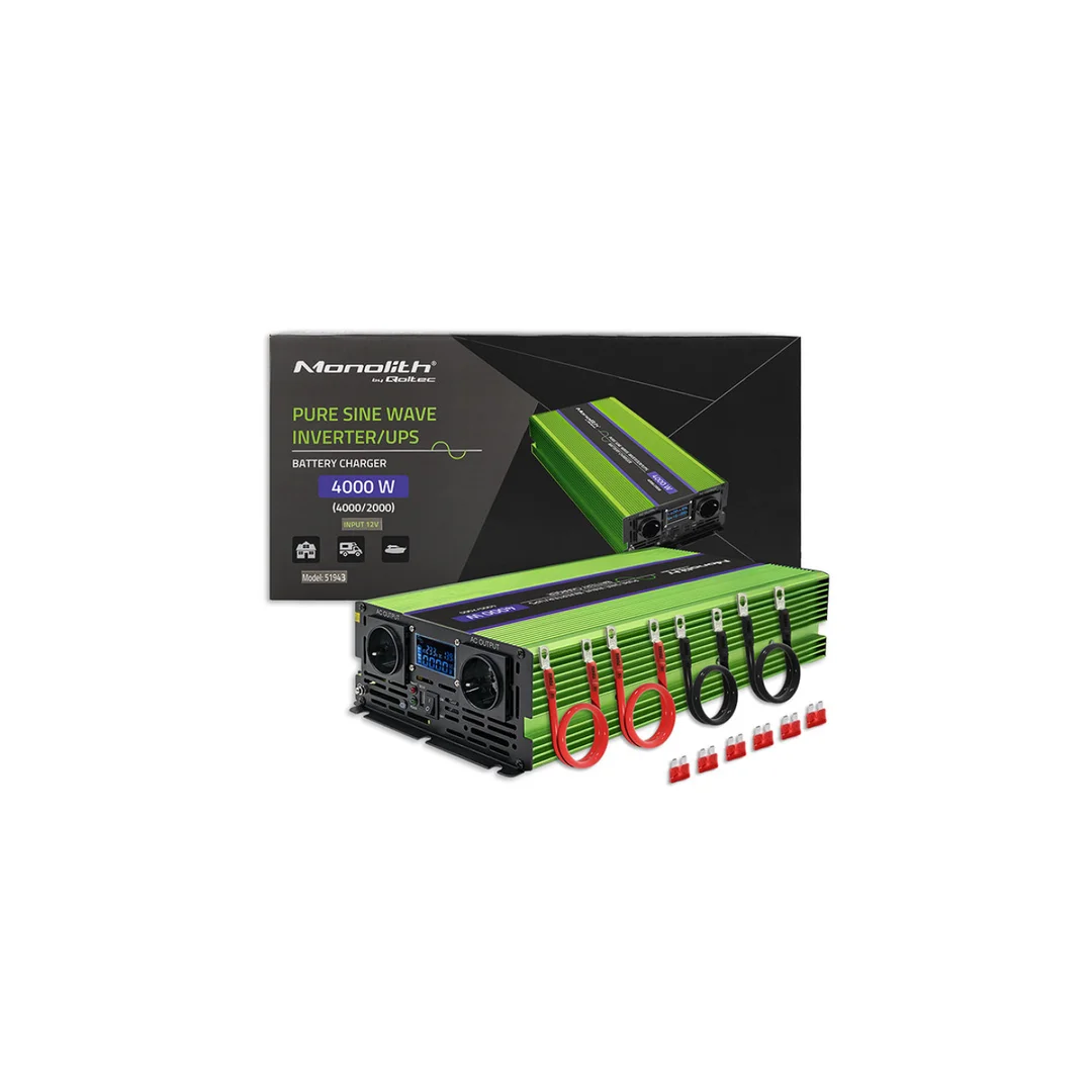 Qoltec Przetwornica napięcia Monolith ładowanie baterii UPS 2000W 4000W 12V na 230V Czysty Sinus LCD