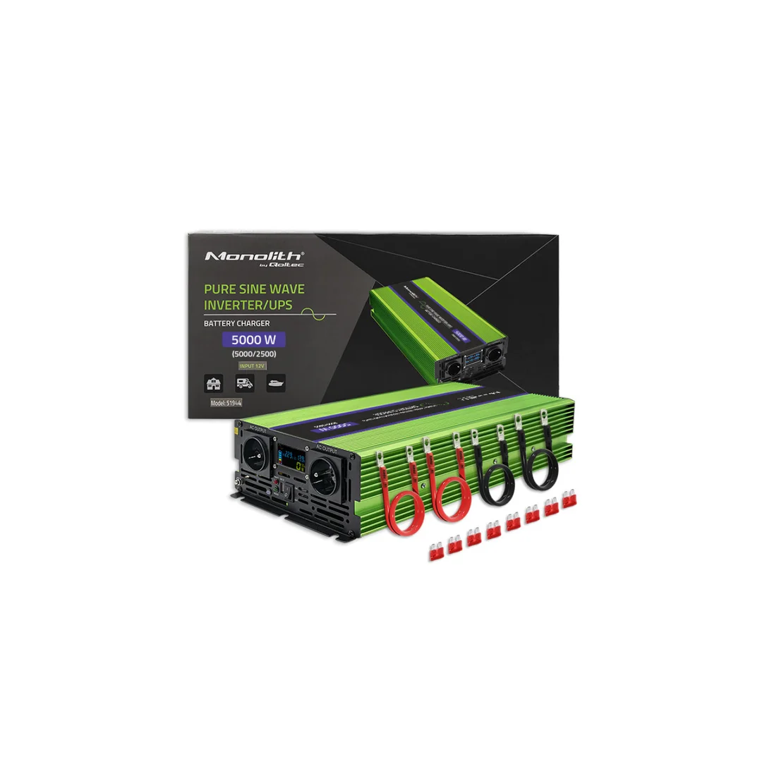Qoltec Przetwornica napięcia Monolith ładowanie baterii UPS 2500W 5000W 12V na 230V Czysty Sinus LCD