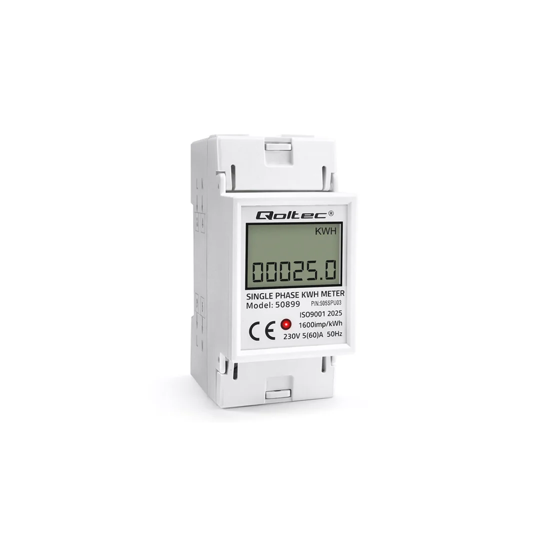 Qoltec Jednofazowy elektroniczny licznik miernik zużycia energii na szynę DIN 230V 60A LCD 2P