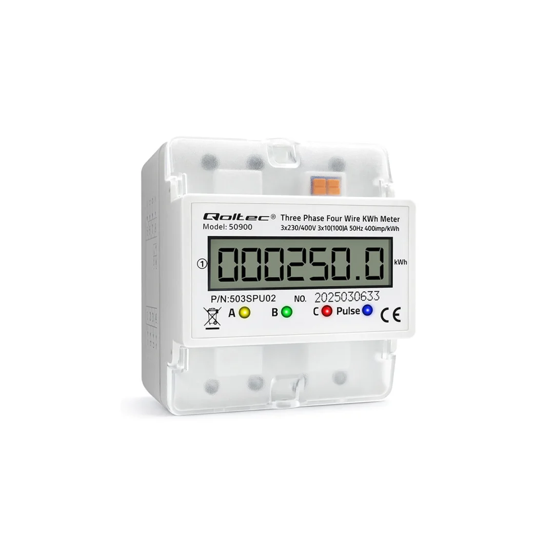 Qoltec Trójfazowy elektroniczny licznik miernik zużycia energii na szynę DIN 400V 100A LCD 4P