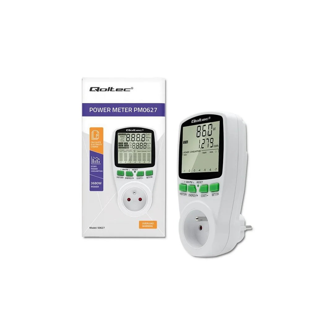 Qoltec Watomierz Licznik zużycia energii PM0627 z historią pomiaru 3680W 16A LCD