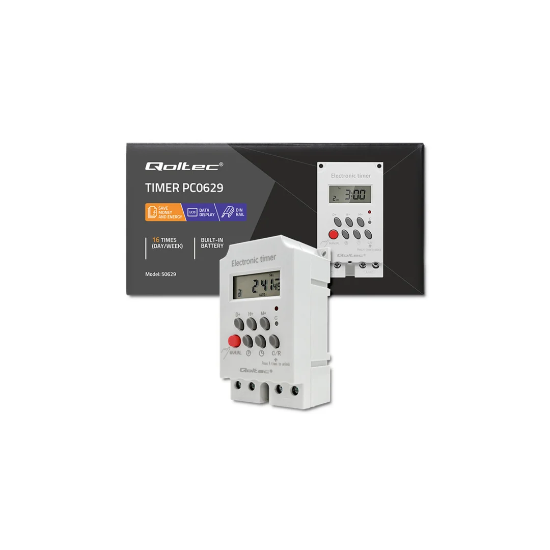 Qoltec Elektroniczny programator czasowy PC0629 na szynę DIN LCD